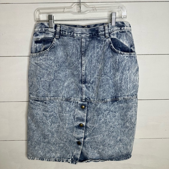 Vintage Carlyle Acid Wash Denim Skirt Size 14 High Waisted Button Made in USA - Picture 1 of 4